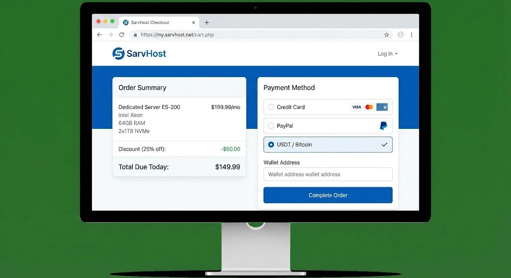 Checkout page for anonymous dedicated server hosting using crypto payments