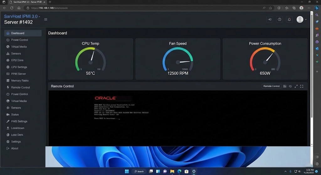 Remote IPMI and KVM management console for SarvHost dedicated servers