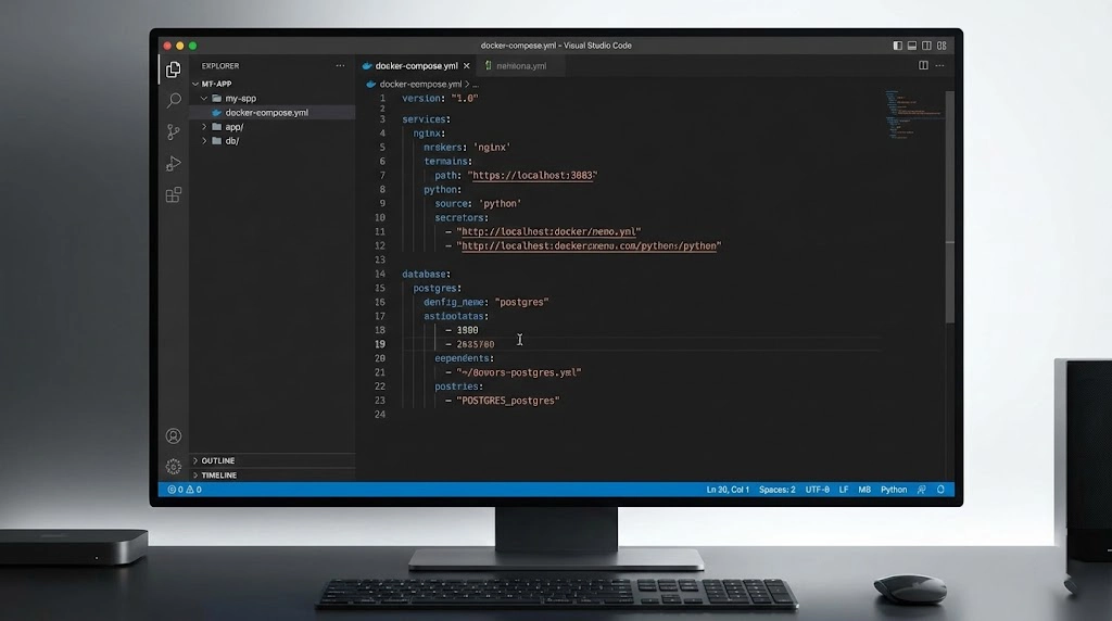 Visual Studio Code showing a Docker Compose file for multi-container deployment