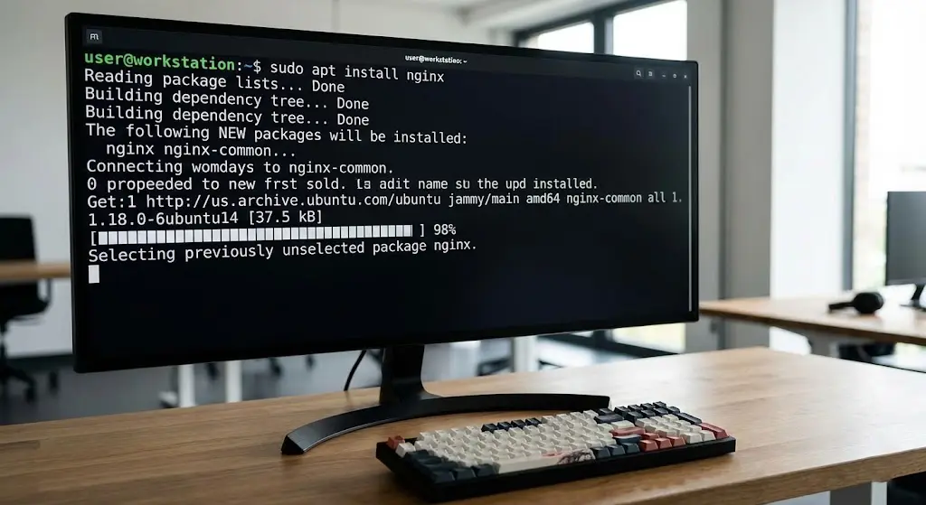 Terminal screenshot of Nginx web server installation for WordPress VPS Installation Guide 2026
